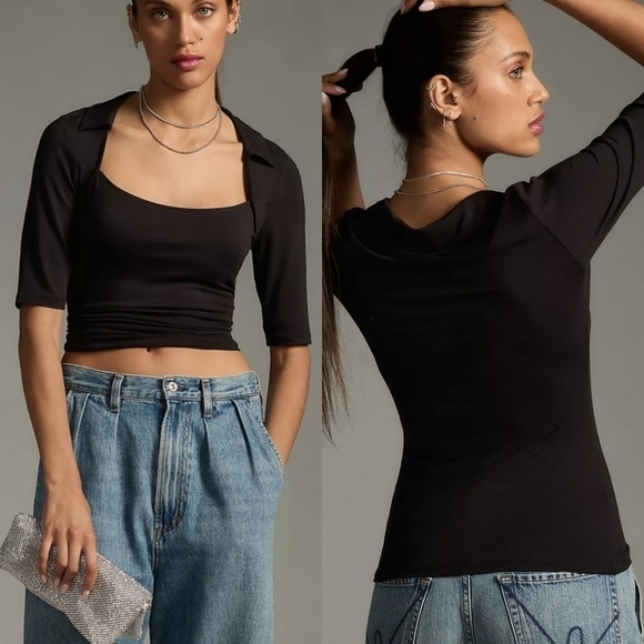 Anthropologie Collared Square Neck Tee in Black Size Large NWT - Picture 6 of 8